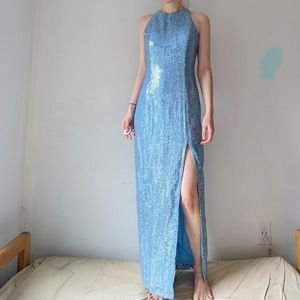 Vintage 90's Blue Sequin Sparkle Maxi High-Neck Formal Prom Dress